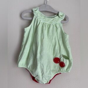 First impressions 6-9 month cherry green white striped bubble onesie